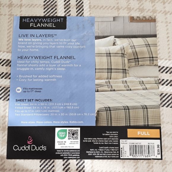 🛏️ Cuddl Duds Heavyweight Flannel 100% Cotton Sheet Set Full Size Neutral Plaid - Picture 6 of 8